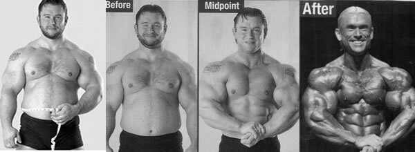 Lee Priest en volumen a la izquierda fuera de temporada de competición y Lee Priest a la derecha durante la competición.